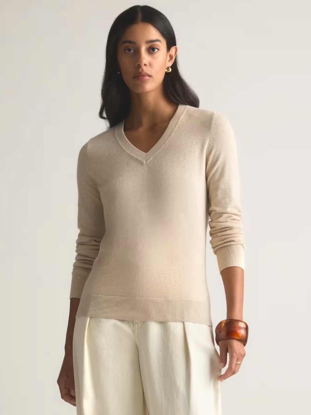 Quince Beige V-Neck cashmere blend Sweater L